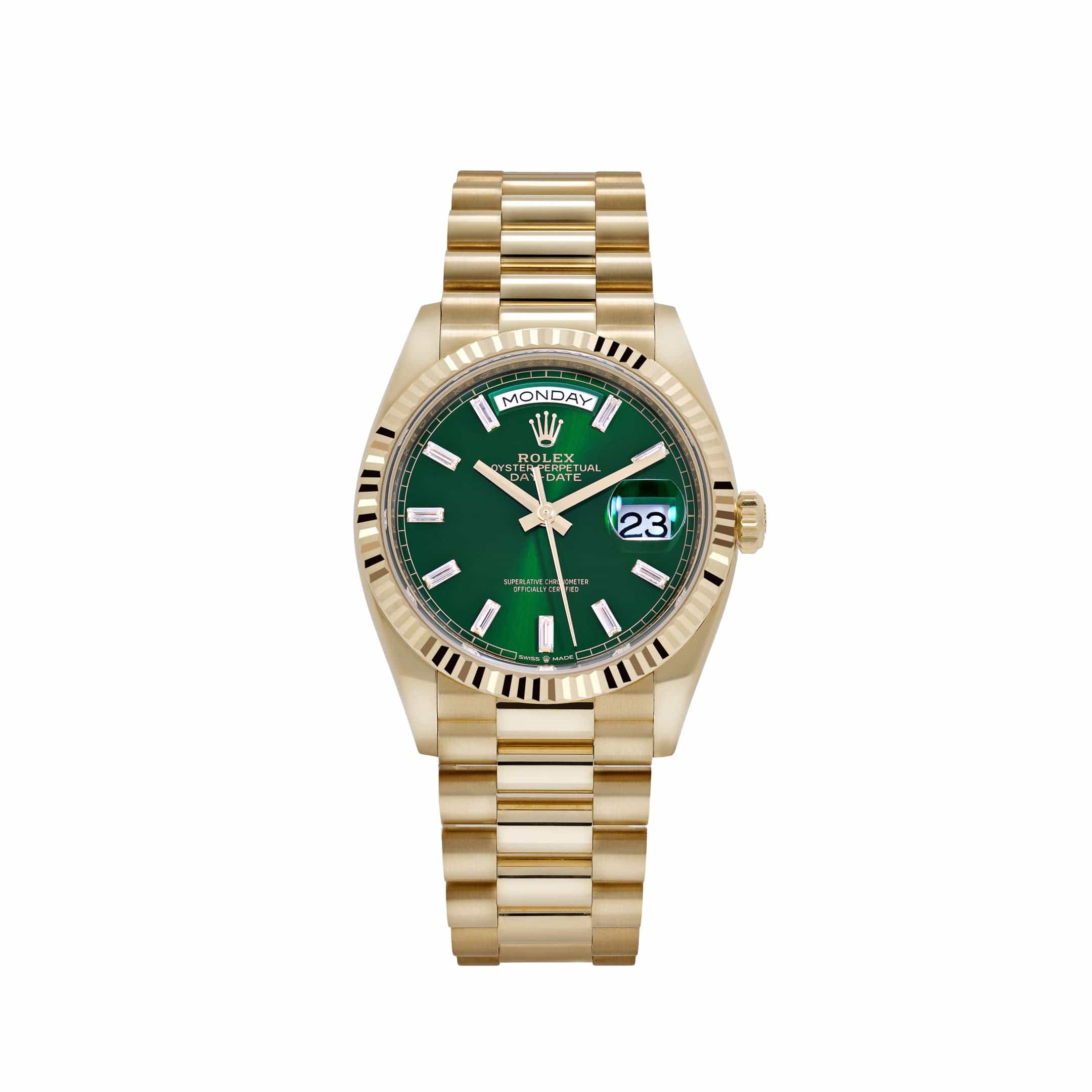 Rolex Day-Date 36 128238 Yellow Gold Green Diamond Baguette Dial (2025)