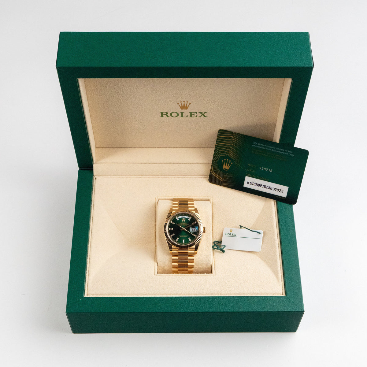 Rolex Day-Date 36 128238 Yellow Gold Green Diamond Baguette Dial (2025)