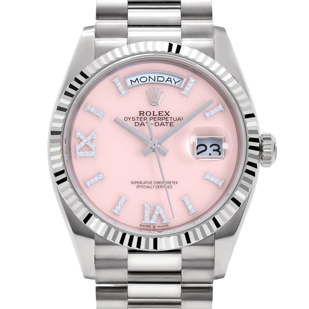 Rolex Day-Date 36 128239 White Gold Pink Opal Diamond Roman Numerals Dial (2025)