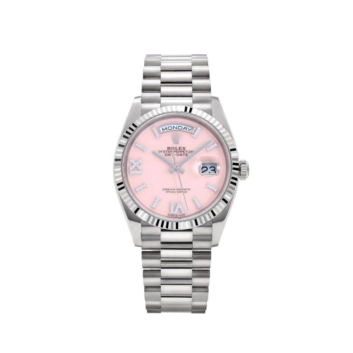 Rolex Day-Date 36 128239 White Gold Pink Opal Diamond Roman Numerals Dial (2025)