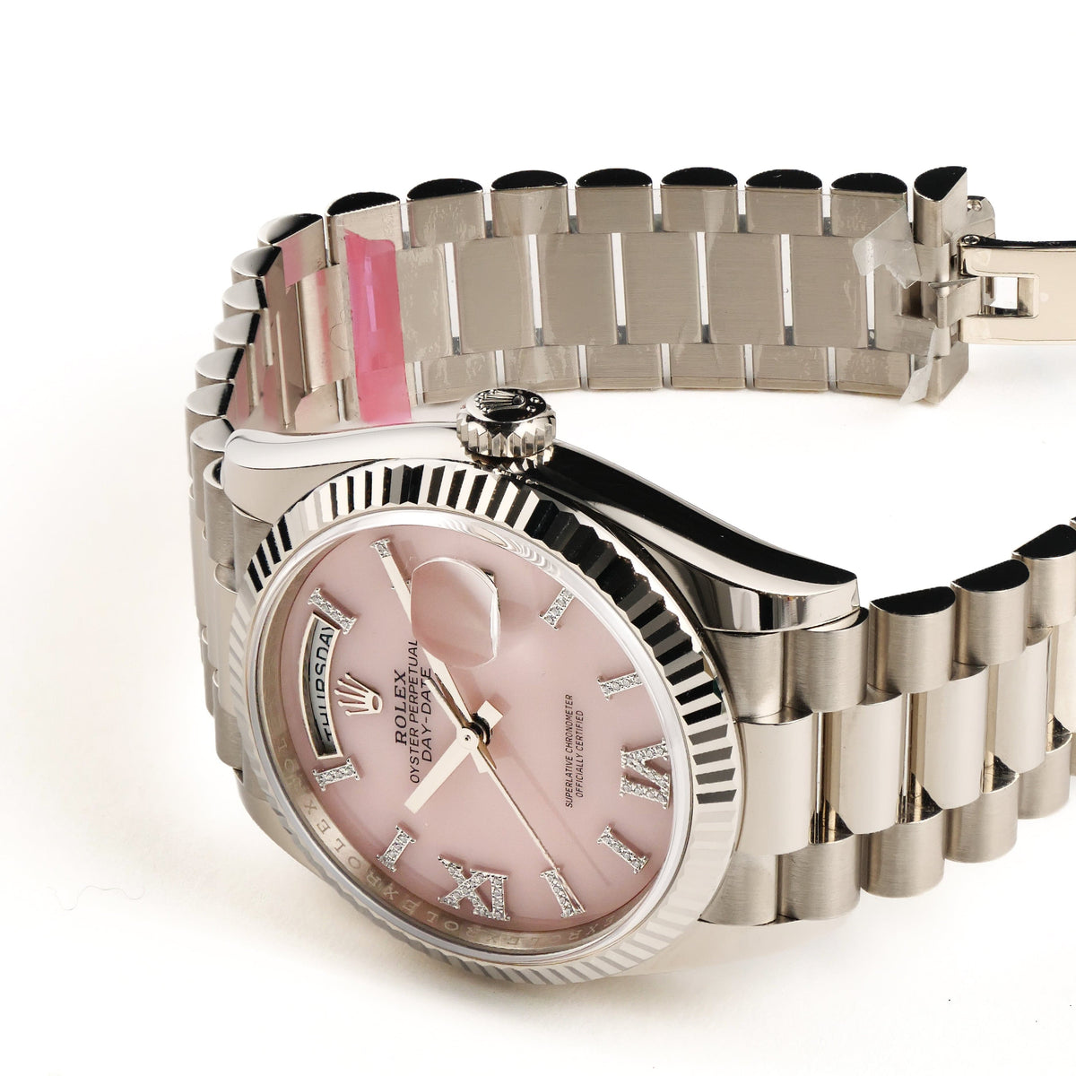Rolex Day-Date 36 128239 White Gold Pink Opal Diamond Roman Numerals Dial (2025)