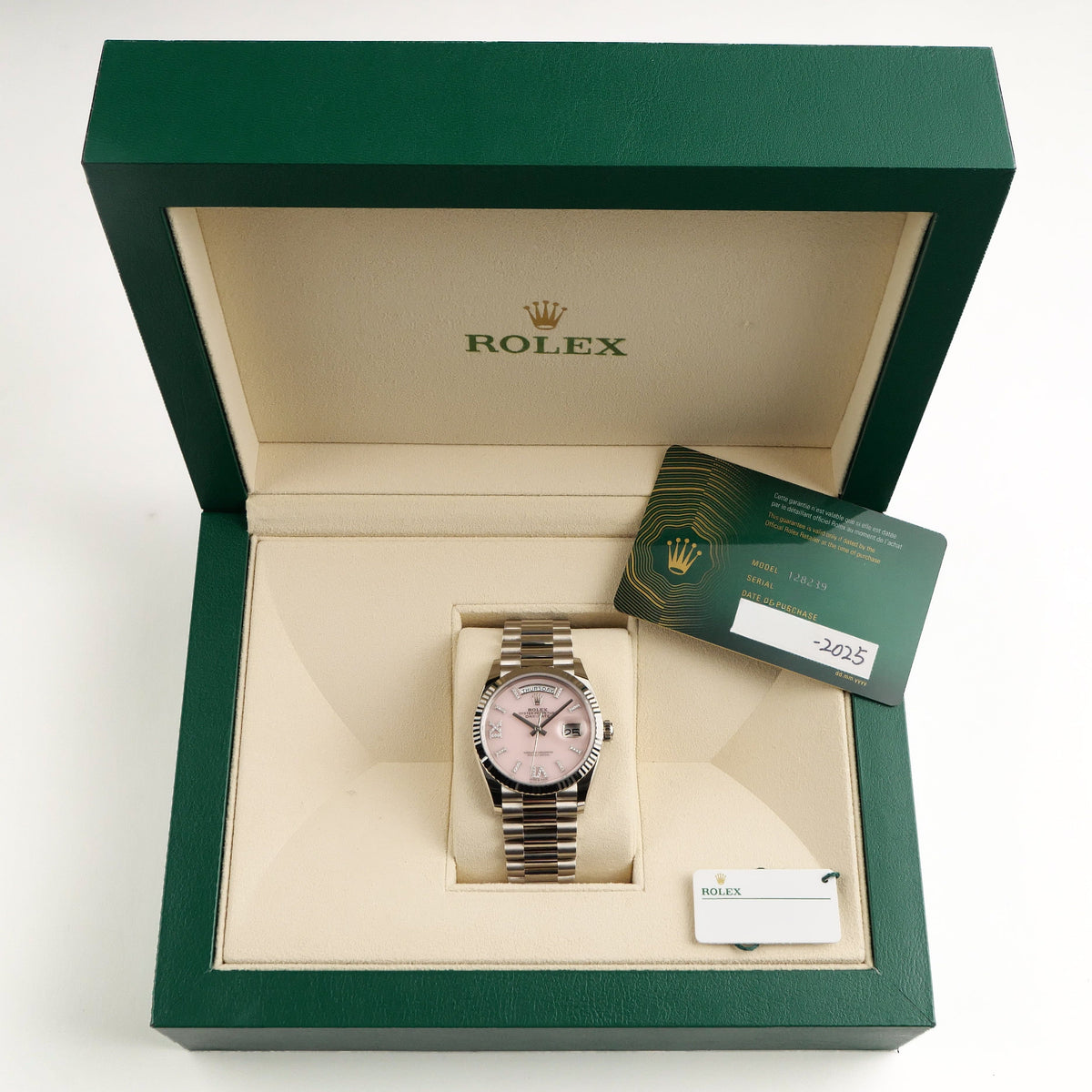 Rolex Day-Date 36 128239 White Gold Pink Opal Diamond Roman Numerals Dial (2025)