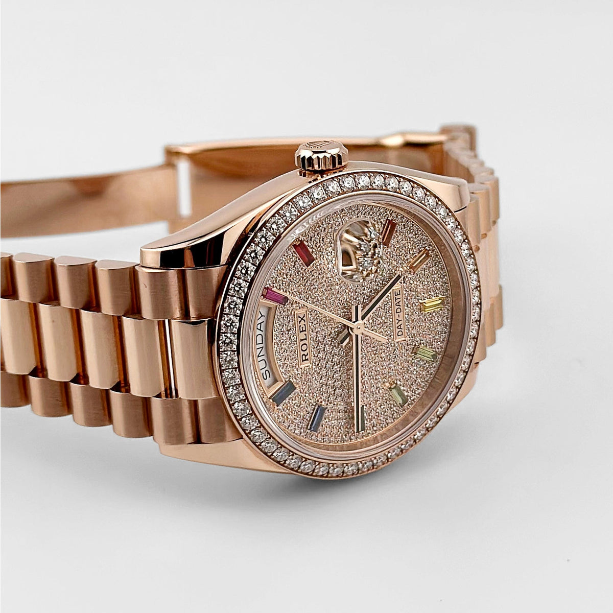 Rolex Day-Date 36 128345RBR Rose Gold Rainbow Diamond Pave Dial Diamond Bezel (2025)