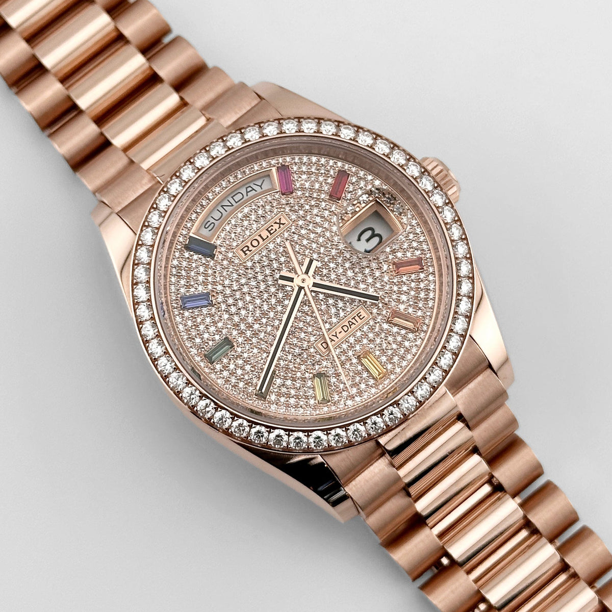 Rolex Day-Date 36 128345RBR Rose Gold Rainbow Diamond Pave Dial Diamond Bezel (2025)