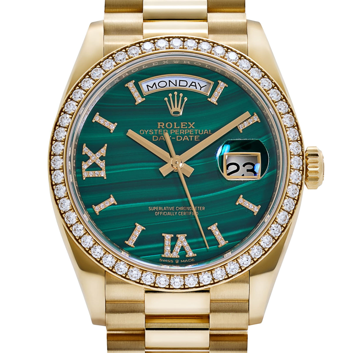 Rolex Day-Date 36 128348RBR Yellow Gold Green Malachite Diamond Roman Numerals Dial Diamond Bezel (2021)