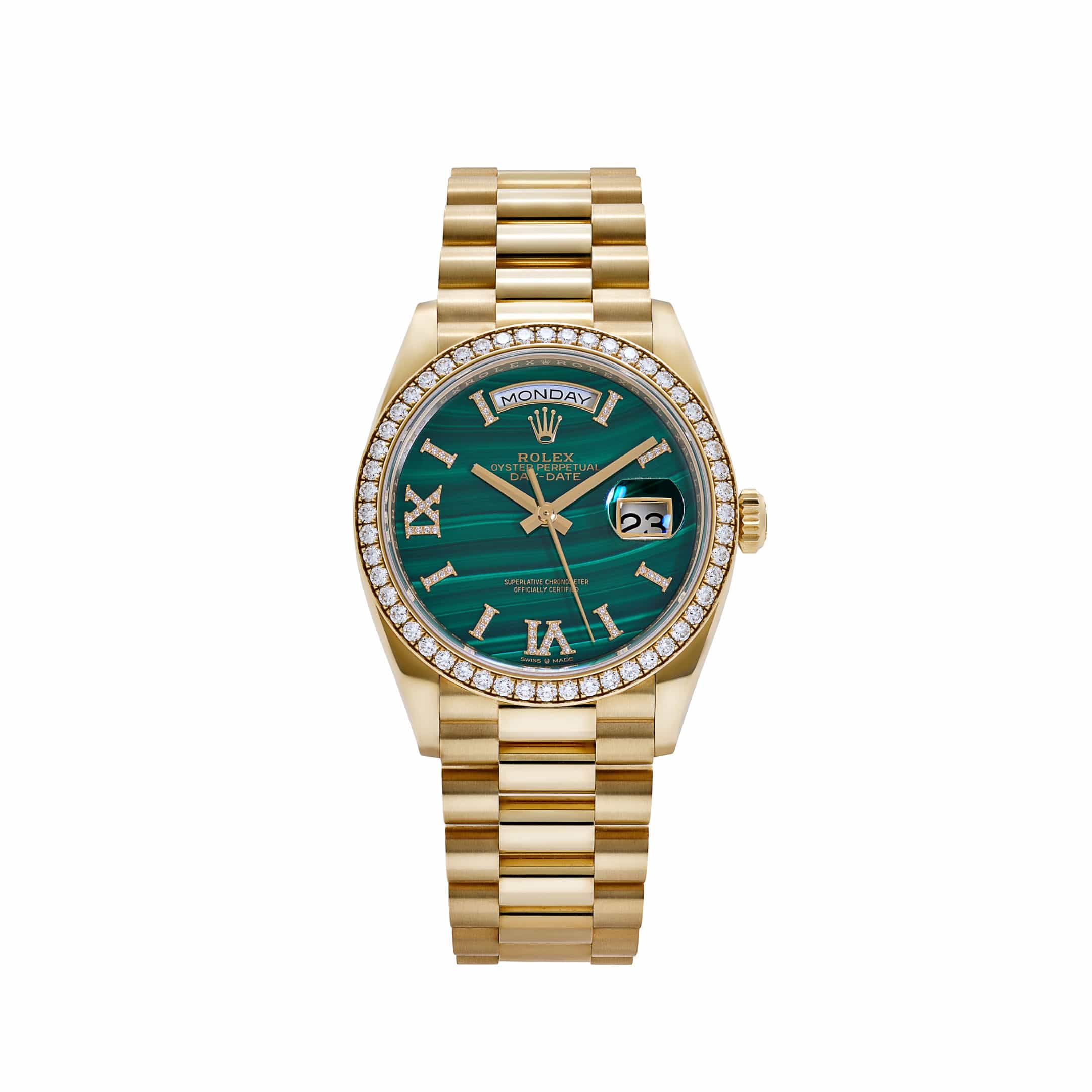 Rolex Day-Date 36 128348RBR Yellow Gold Green Malachite Diamond Roman Numerals Dial Diamond Bezel (2021)