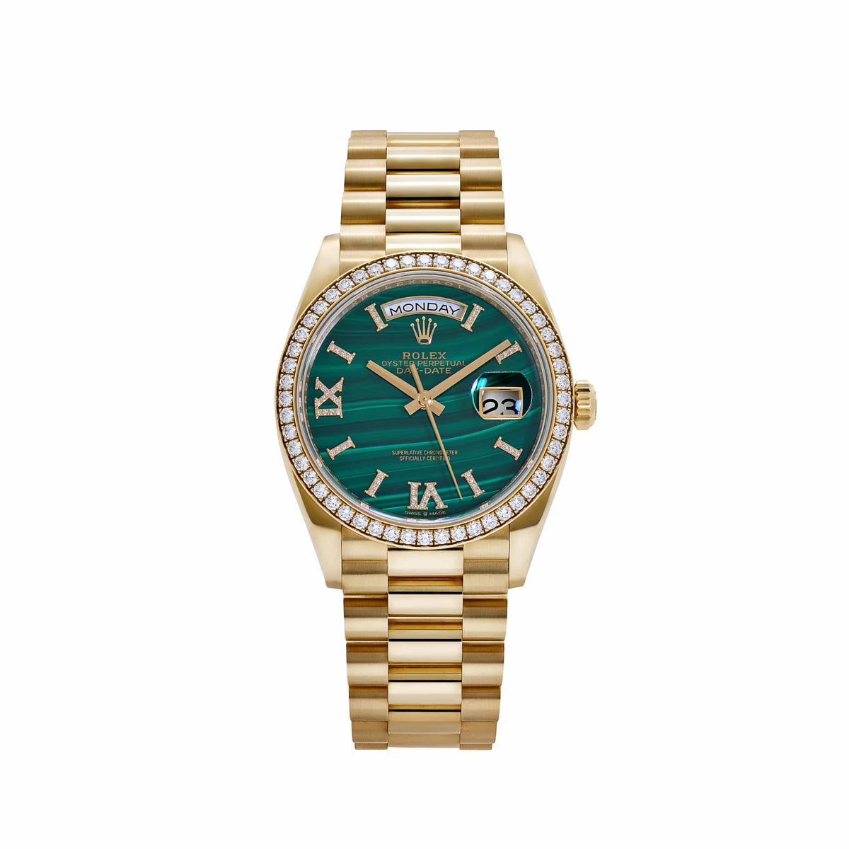 Rolex Day-Date 36 128348RBR Yellow Gold Green Malachite Diamond Roman Numerals Dial Diamond Bezel (2021)