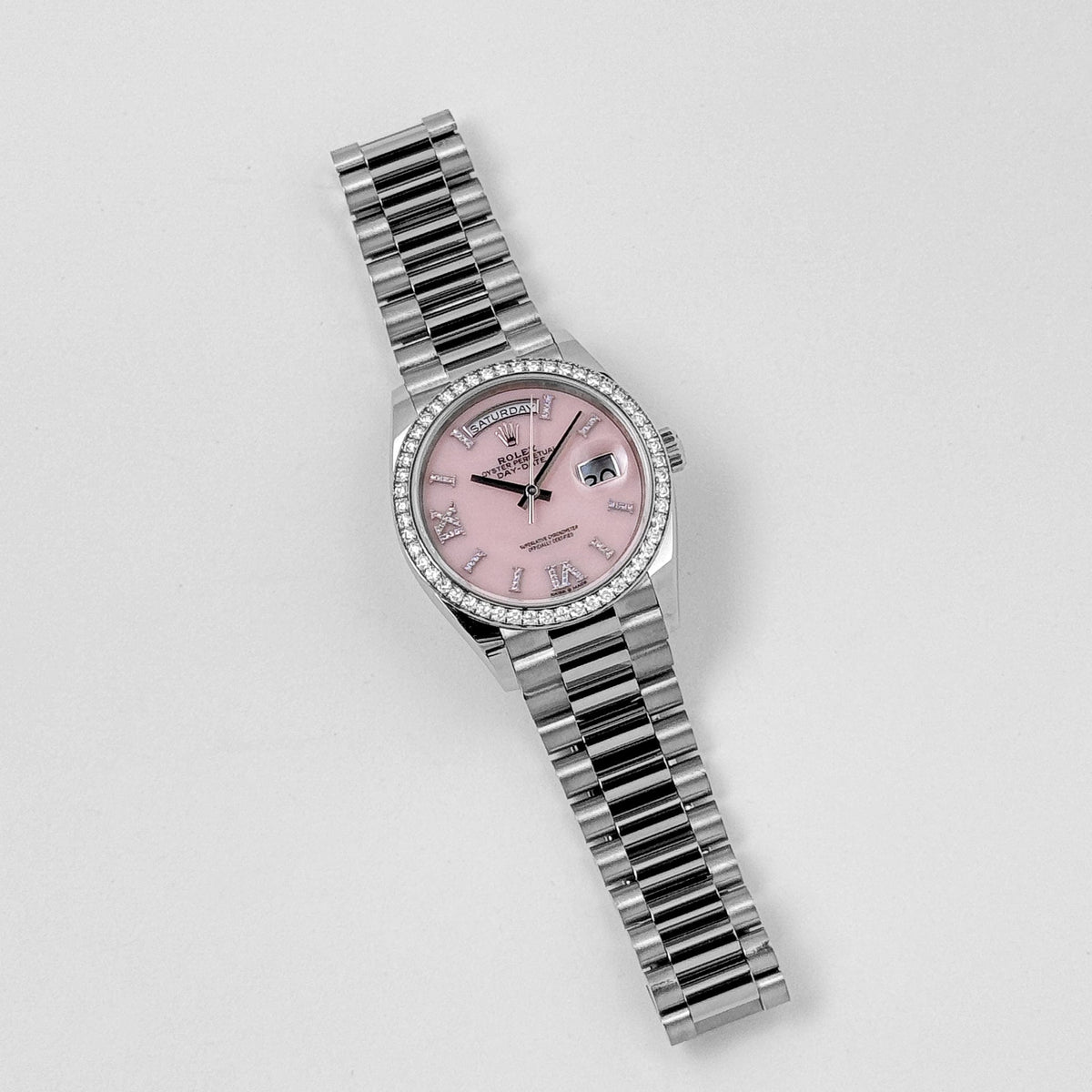 Rolex Day-Date 36 128349RBR White Gold Diamond Bezel Pink Diamond Dial