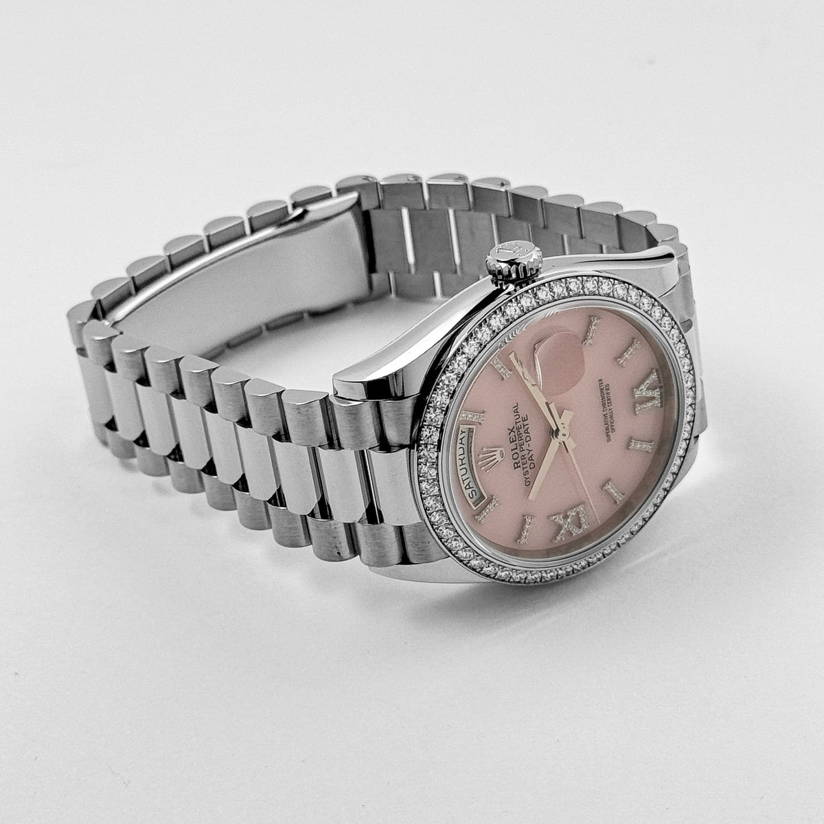 Rolex Day-Date 36 128349RBR White Gold Diamond Bezel Pink Diamond Dial