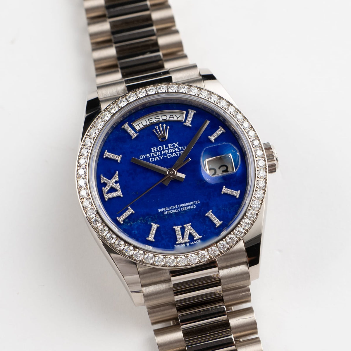 Rolex Day-Date 36 128349RBR White Gold Lapis Stone Diamond Roman Numerals Dial Diamond Bezel (2022)