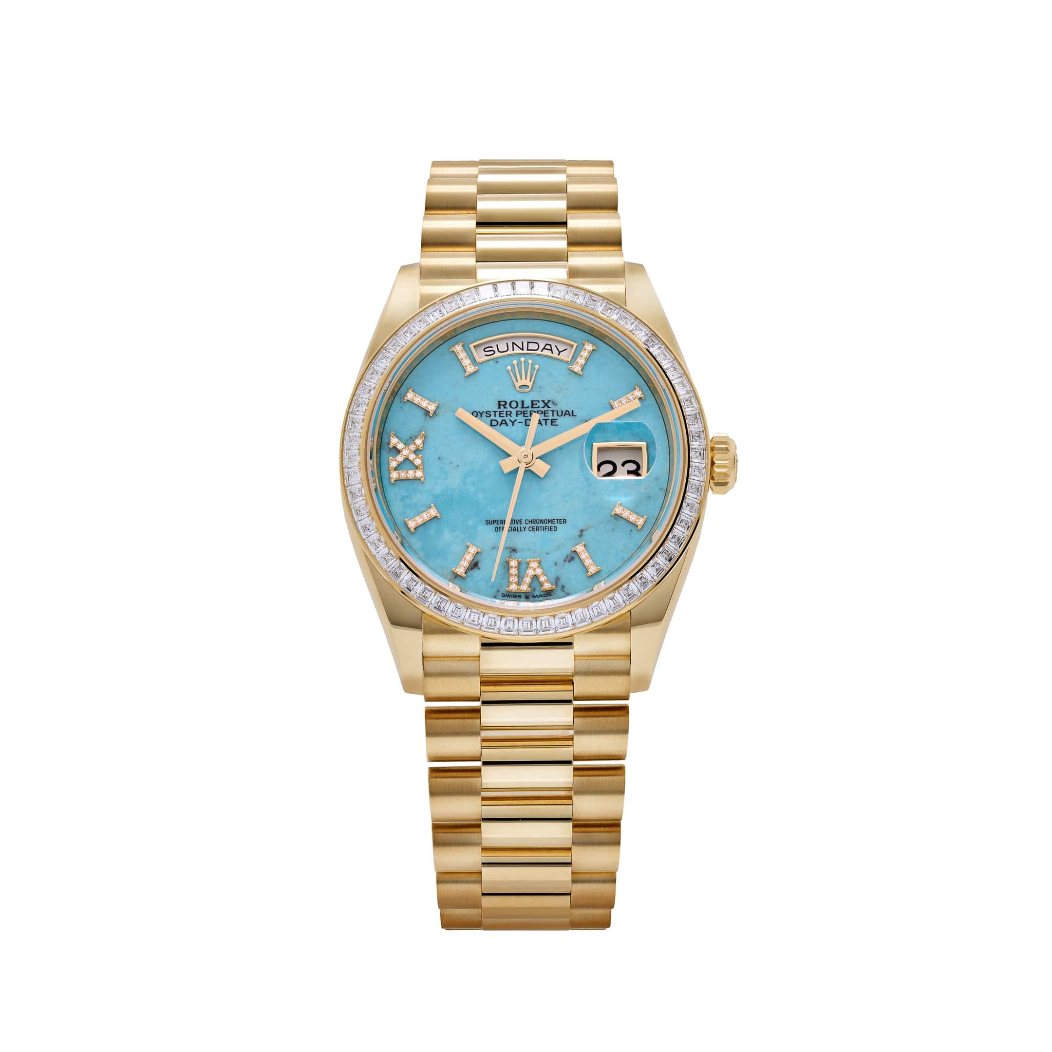 Rolex Day-Date 36 128398TBR Yellow Gold Turquoise Stone Diamond Roman Numerals Dial Diamond Bezel