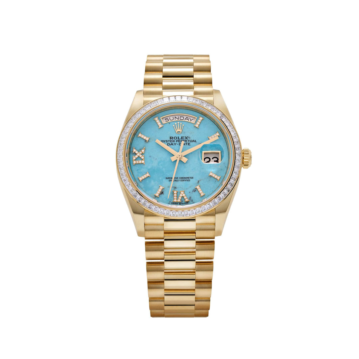 Rolex Day-Date 36 128398TBR Yellow Gold Turquoise Stone Diamond Roman Numerals Dial Diamond Bezel