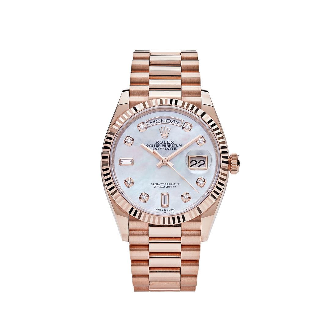 Rolex Day-Date 36 128235 Rose Gold Mother of Pearl Diamond Dial