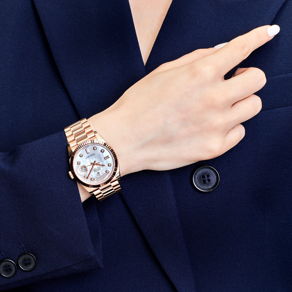 Rolex Day-Date 36 128235 Rose Gold Mother of Pearl Diamond Dial