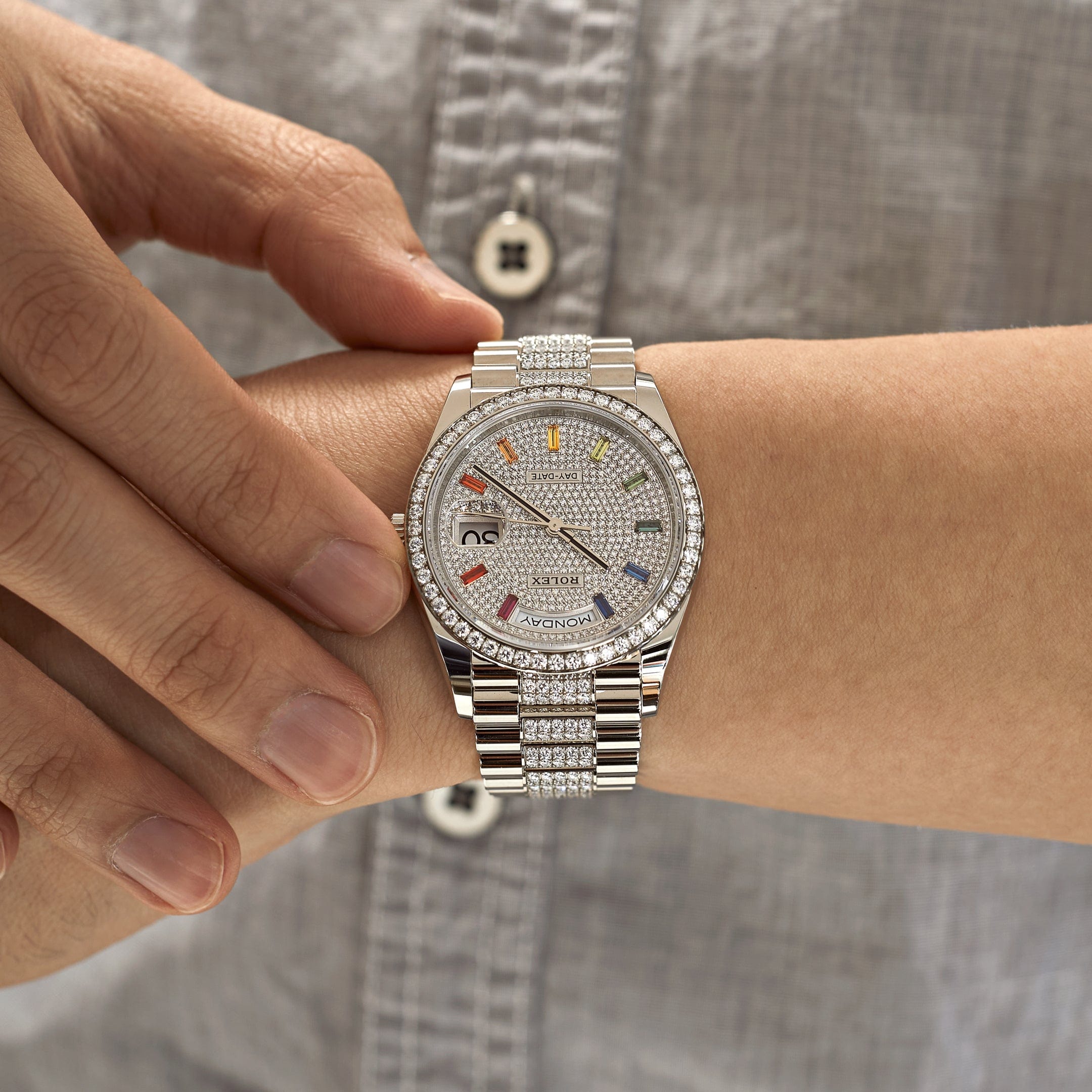 Rolex Day-Date 36 128349RBR White Gold Diamond Bezel Diamond-Paved Set