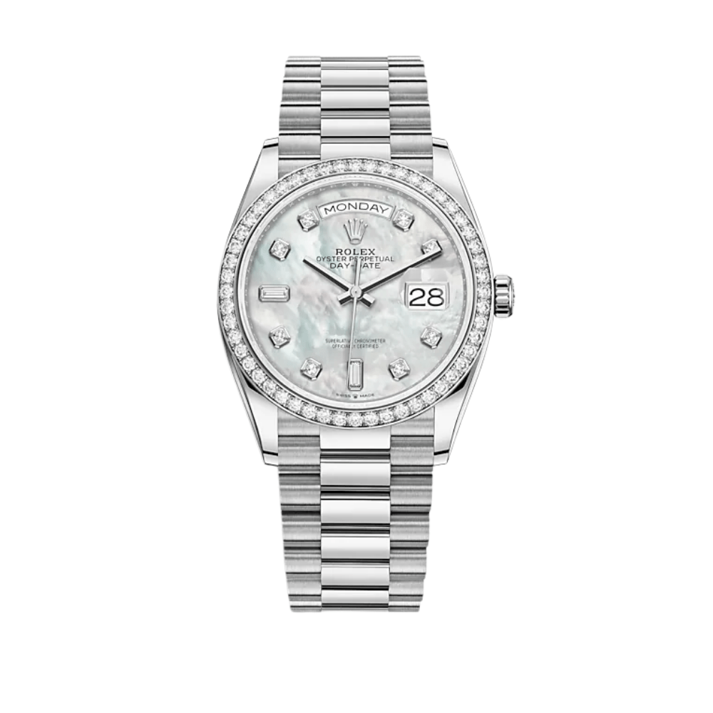 Rolex Day-Date 36 128349RBR White Gold Diamond Bezel Mother of Pearl Diamond Dial