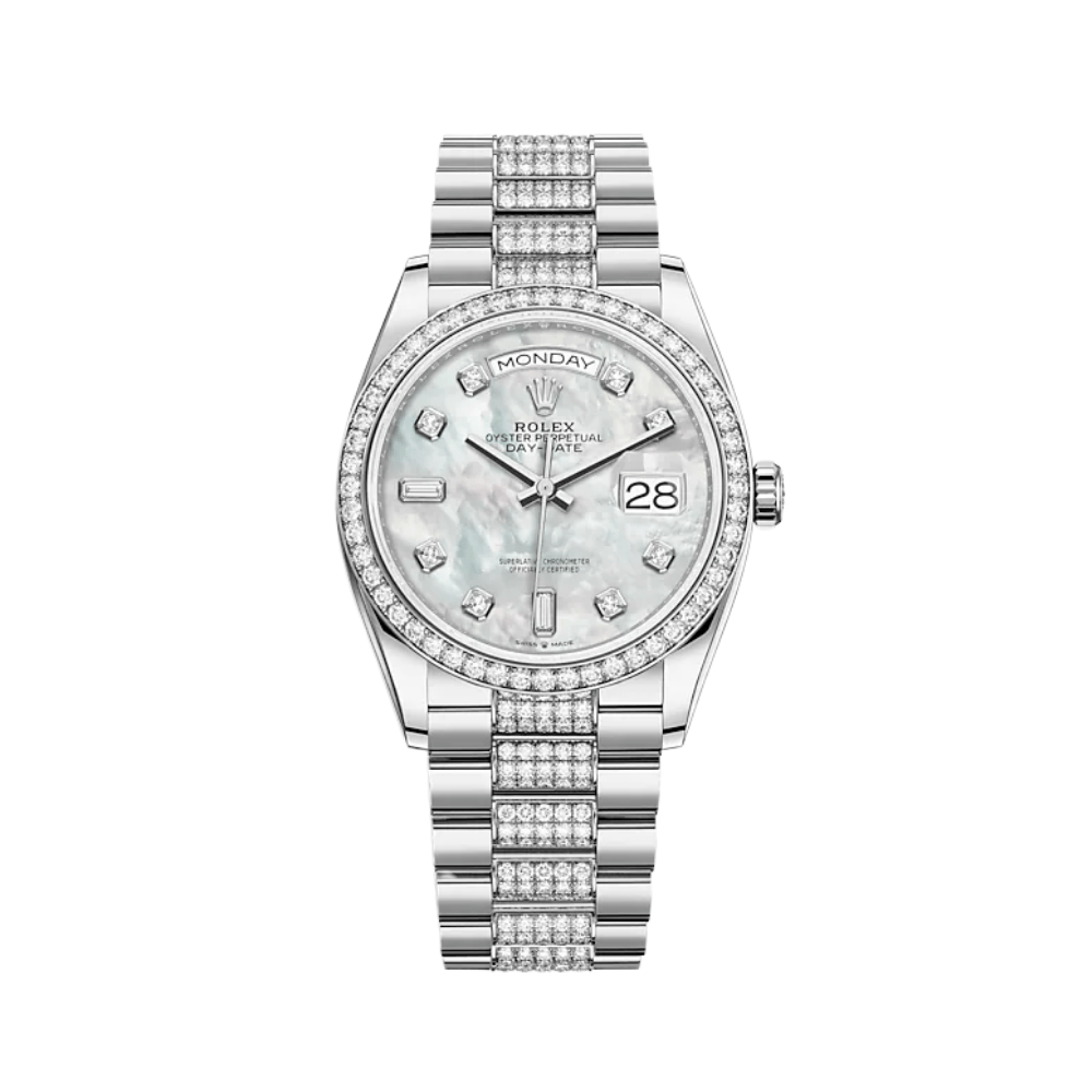 Rolex Day-Date 36 128349RBR White Gold Diamond Bezel Mother of Pearl Diamond Dial