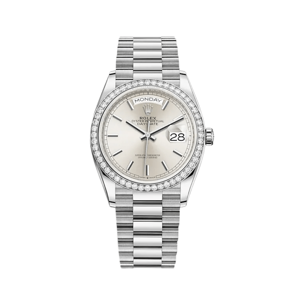 Rolex Day-Date 36 128349RBR White Gold Diamond Bezel Silver Dial