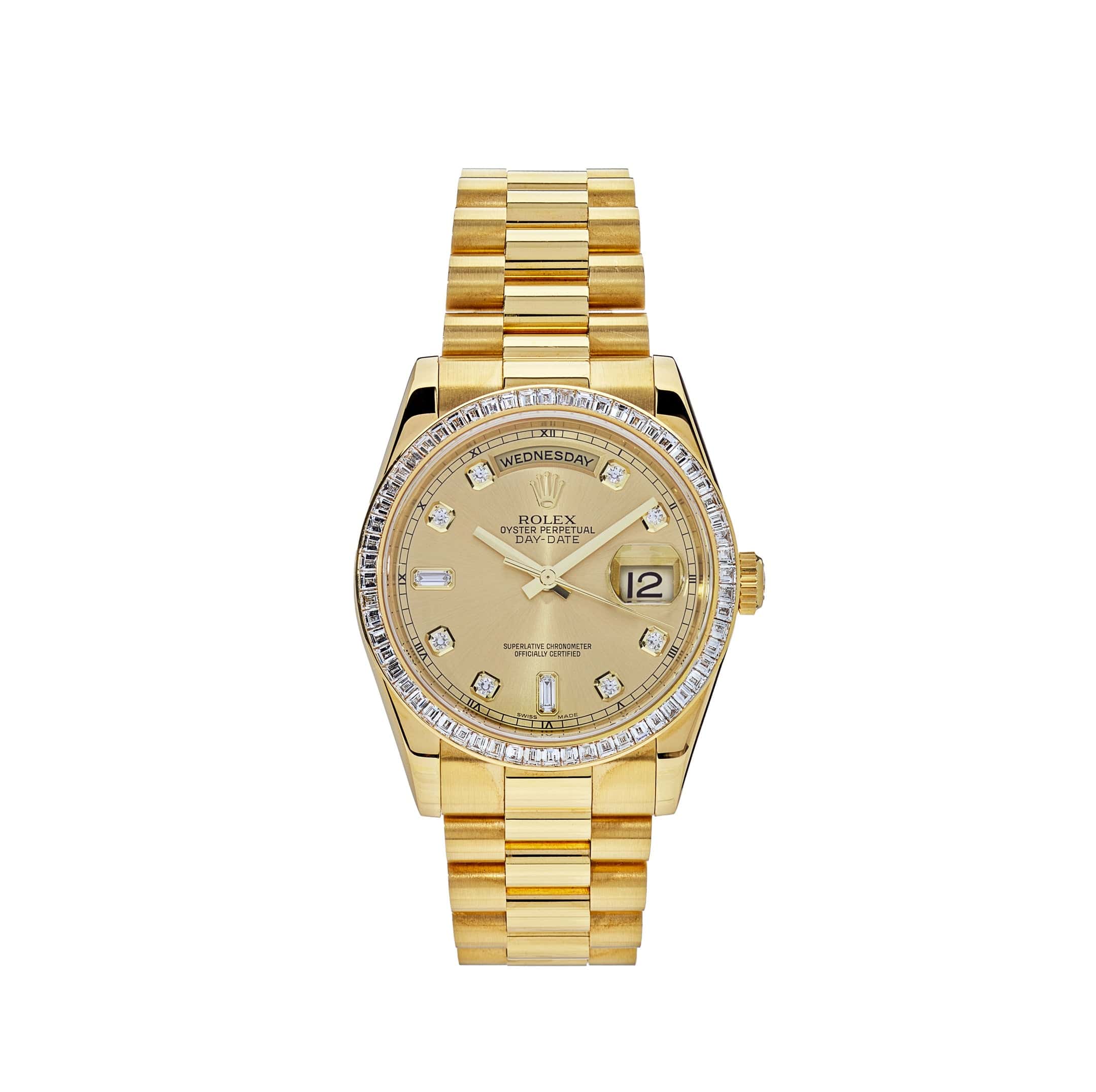 Rolex Day-Date 36 118398BR Yellow Gold Diamond Bezel Champagne Diamond Dial