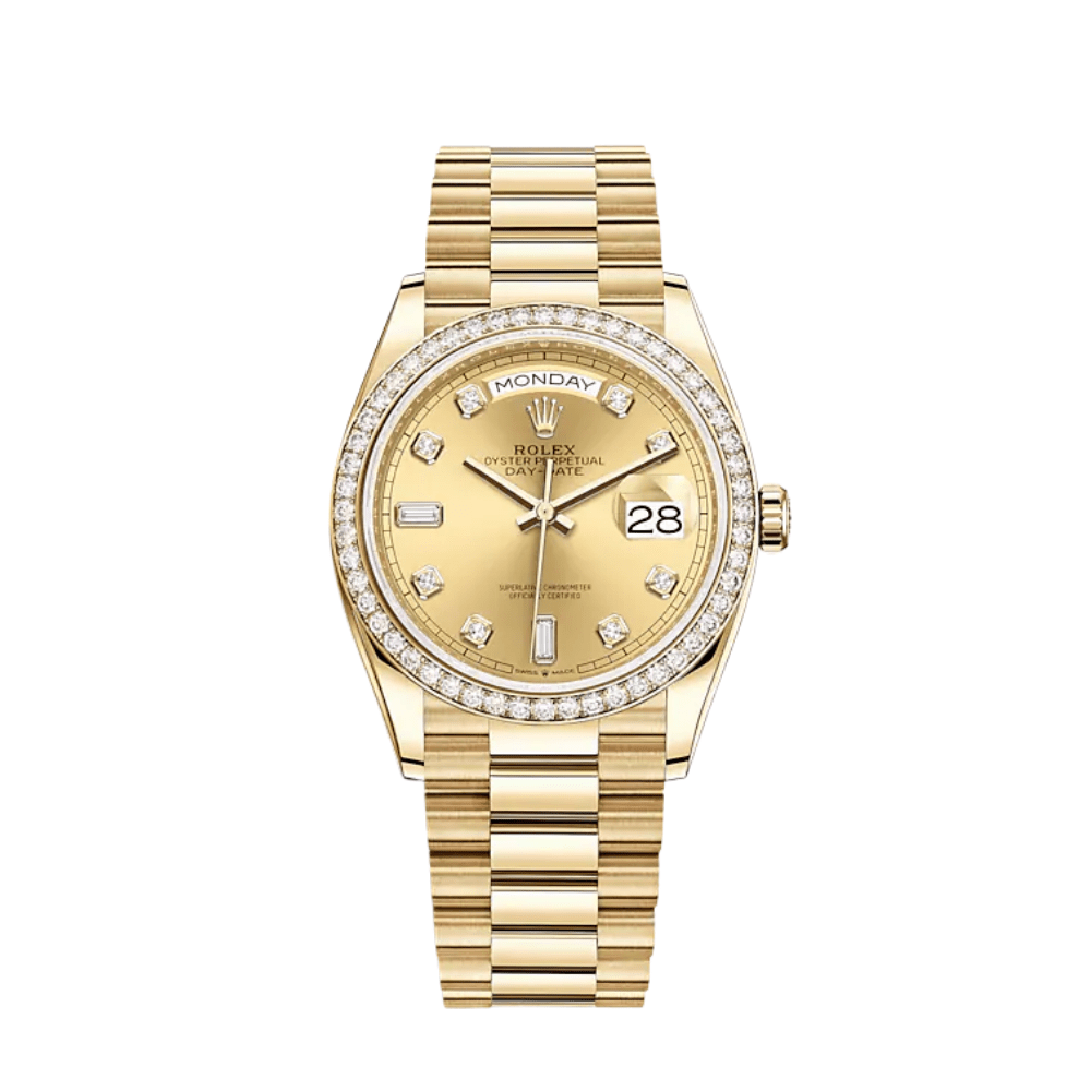 Rolex Day-Date 36 128348RBR Yellow Gold Diamond Bezel Champagne Diamond Dial