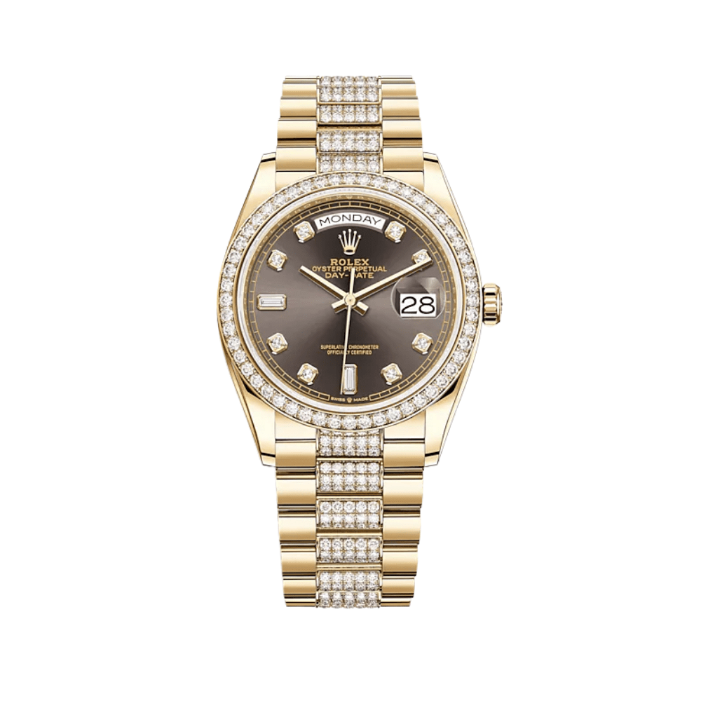 Rolex Day-Date 36 128348RBR Yellow Gold Diamond Bezel Grey Diamond Dial