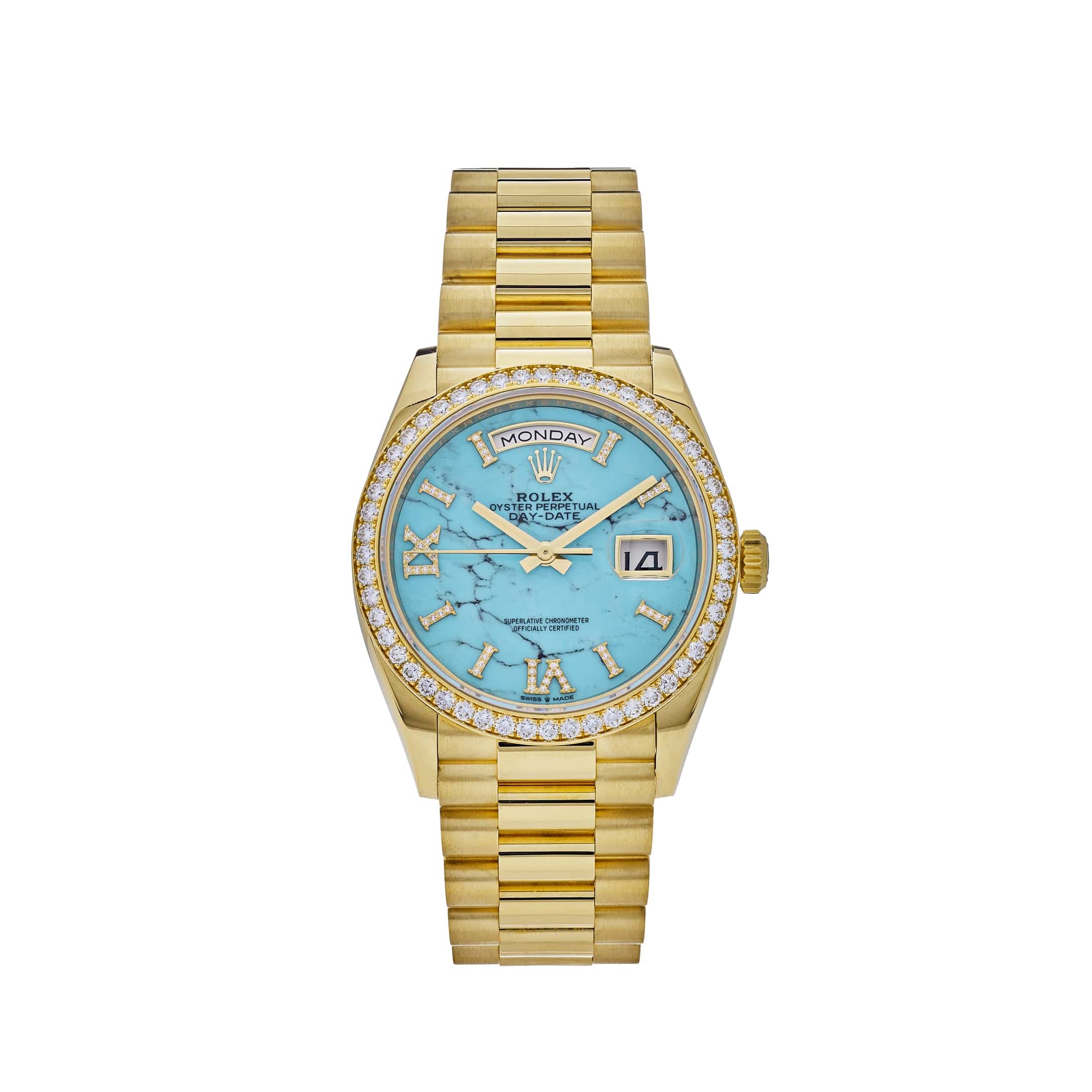 Rolex Day-Date 36 128348RBR Yellow Gold Diamond Bezel Turquoise Stone Diamond Dial