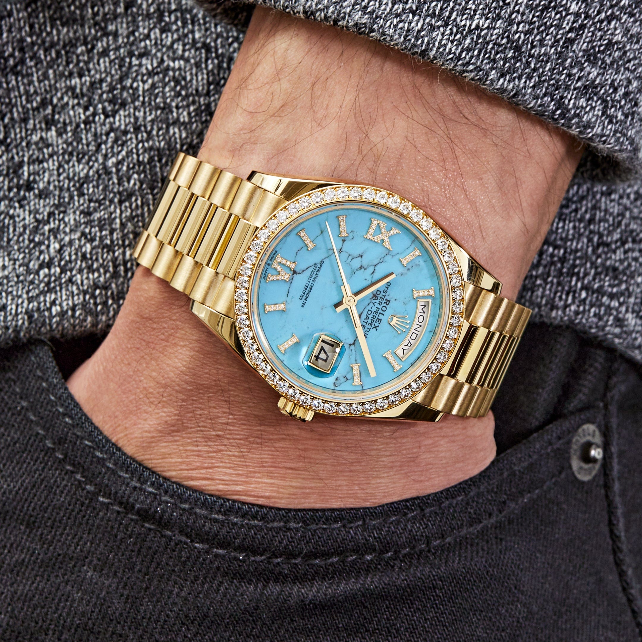 Rolex Day-Date 36 128348RBR Yellow Gold Diamond Bezel Turquoise Stone Diamond Dial