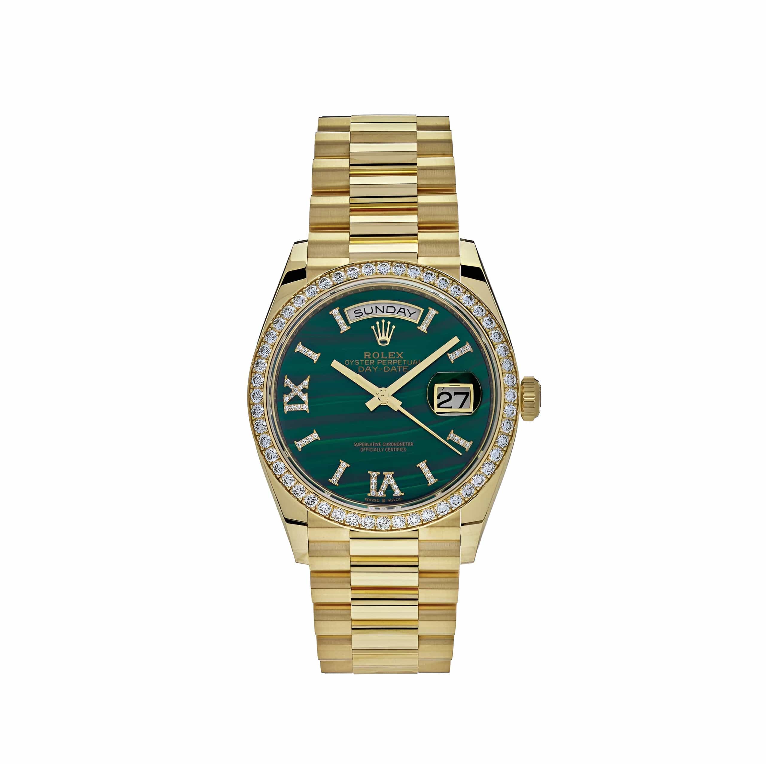 Rolex Day-Date 36 128348RBR Yellow Gold Green Malachite Dial Diamond Bezel