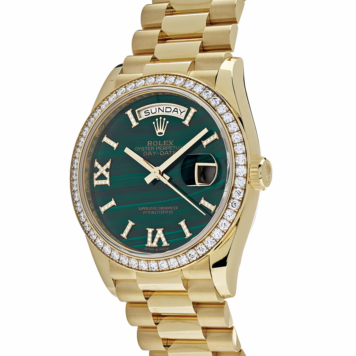 Rolex Day-Date 36 128348RBR Yellow Gold Green Malachite Dial Diamond Bezel