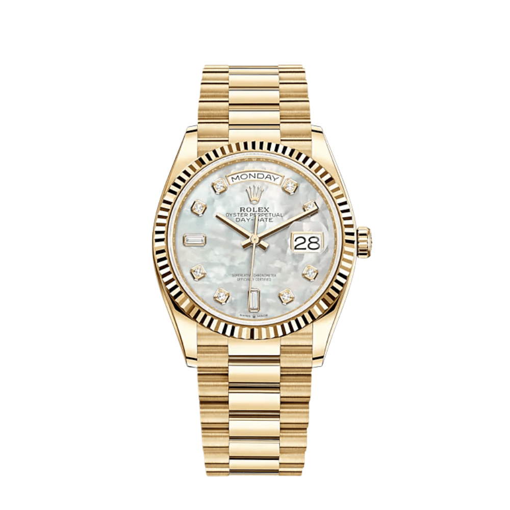 Rolex Day-Date 36 128238 Yellow Gold Mother of Pearl Diamond Dial