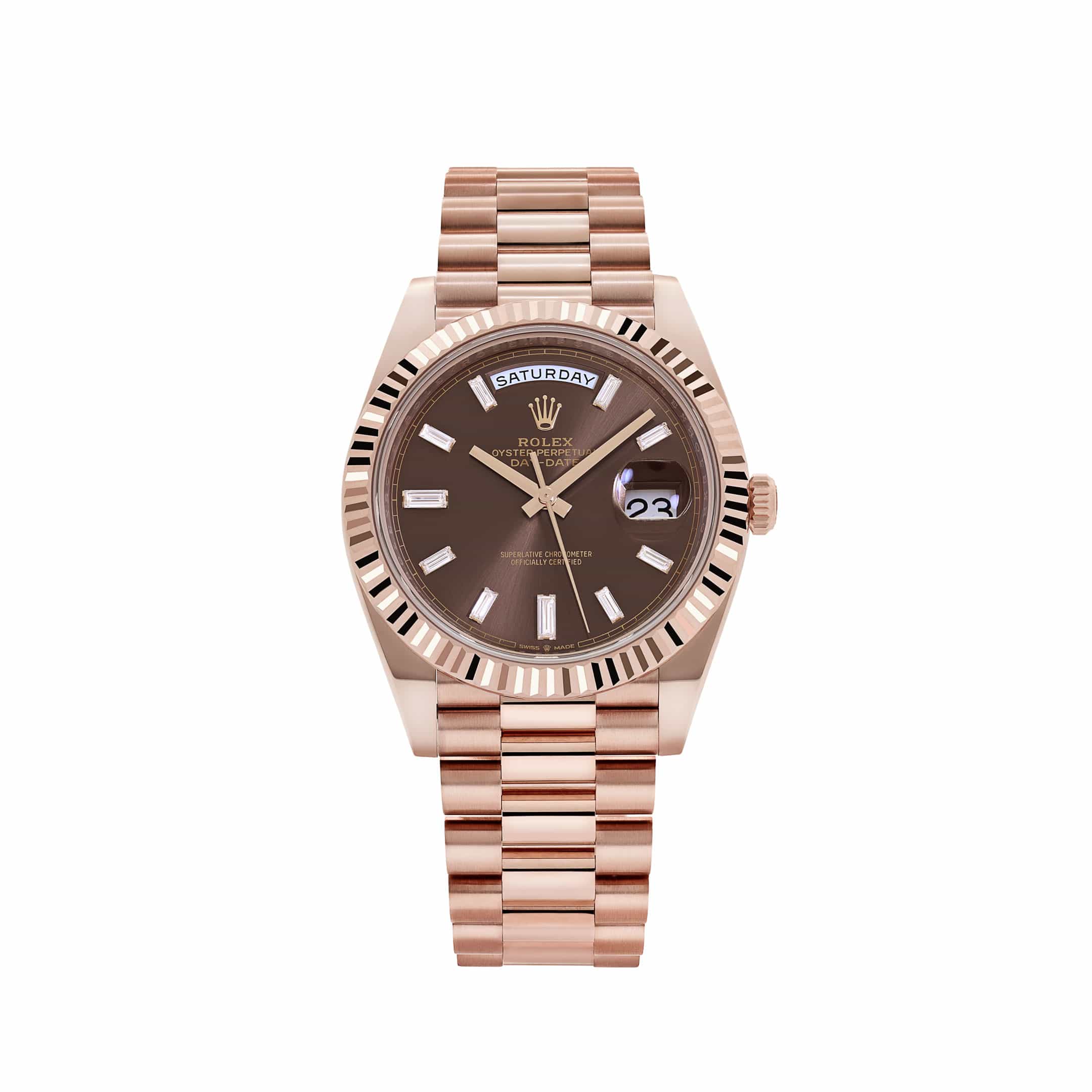 Rolex Day-Date 40 228235 Rose Gold Chocolate Diamond Baguette Dial (2026)