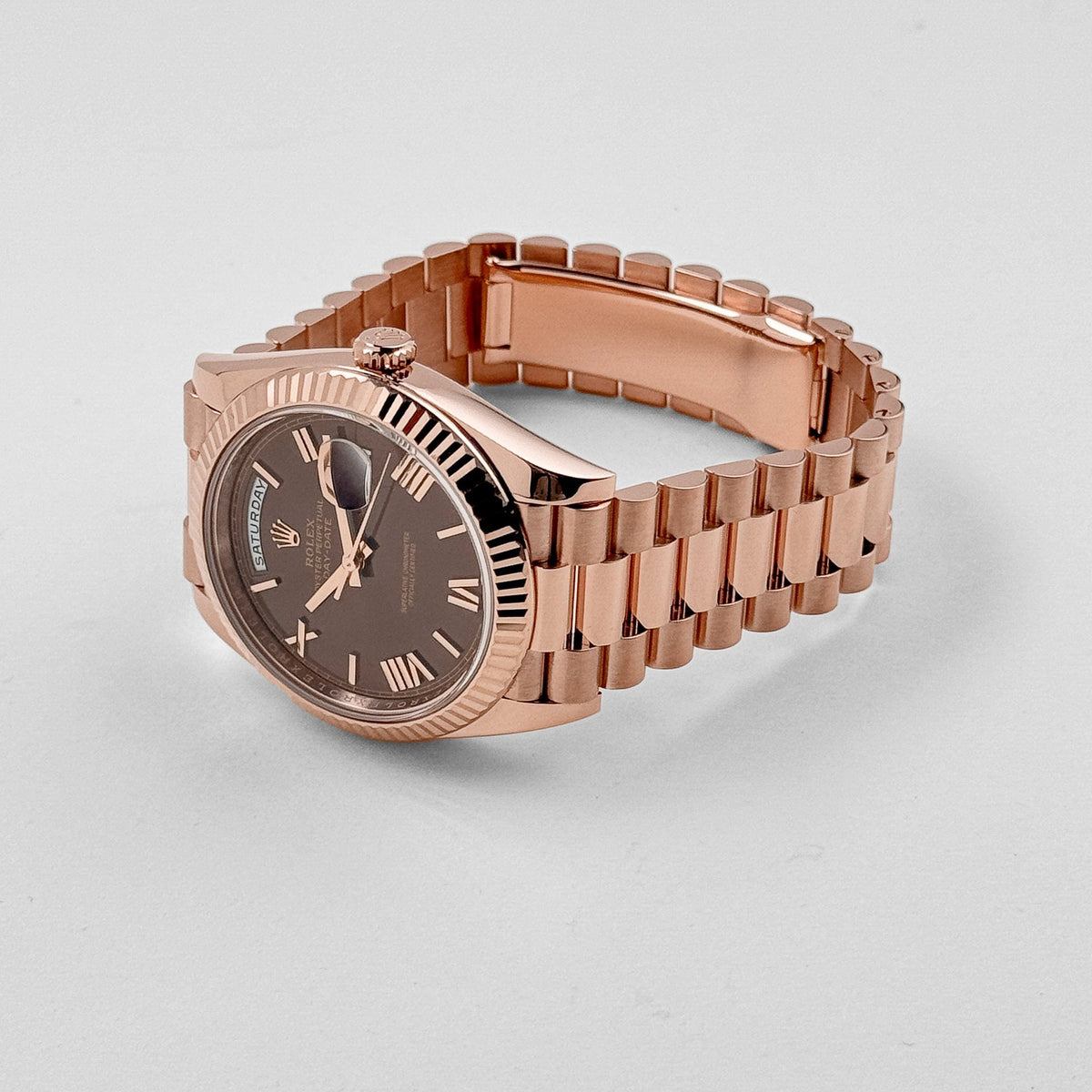Rolex Day-Date 40 228235 Rose Gold Chocolate Roman Numerals Dial