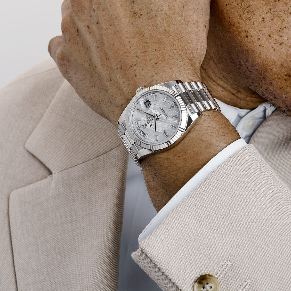Rolex Day-Date 40 228236 Platinum Meteorite Diamond Baguette Dial
