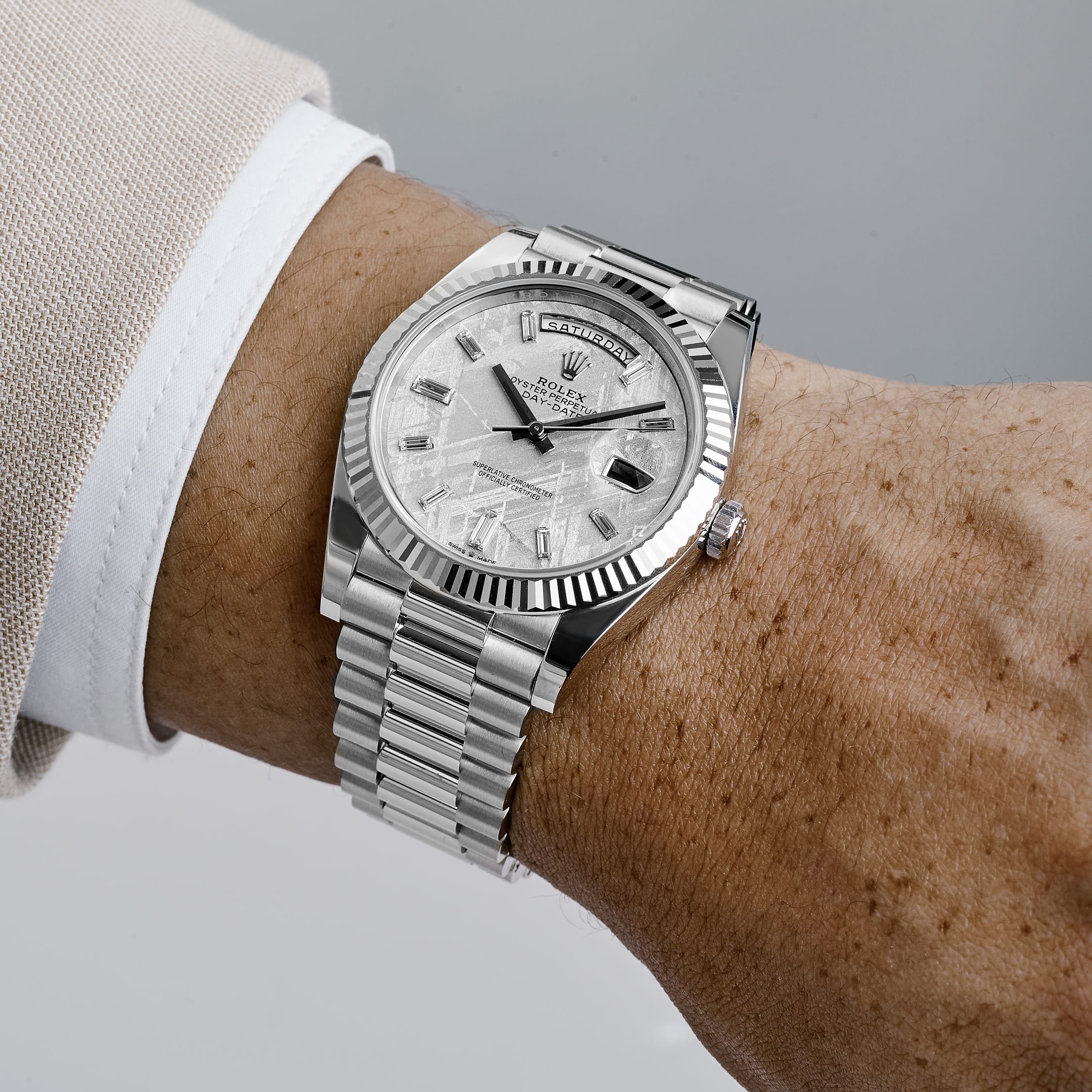 Rolex Day-Date 40 228236 Platinum Meteorite Diamond Baguette Dial