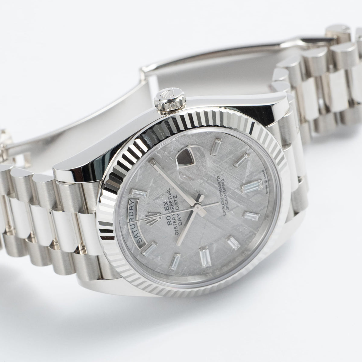 Rolex Day-Date 40 228236 Platinum Meteorite Diamond Baguette Dial