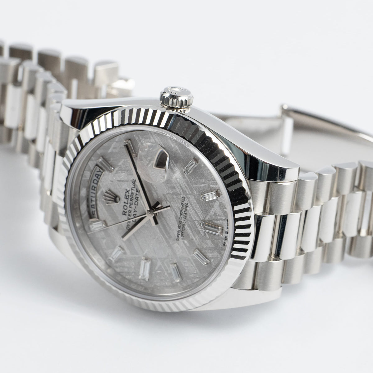 Rolex Day-Date 40 228236 Platinum Meteorite Diamond Baguette Dial