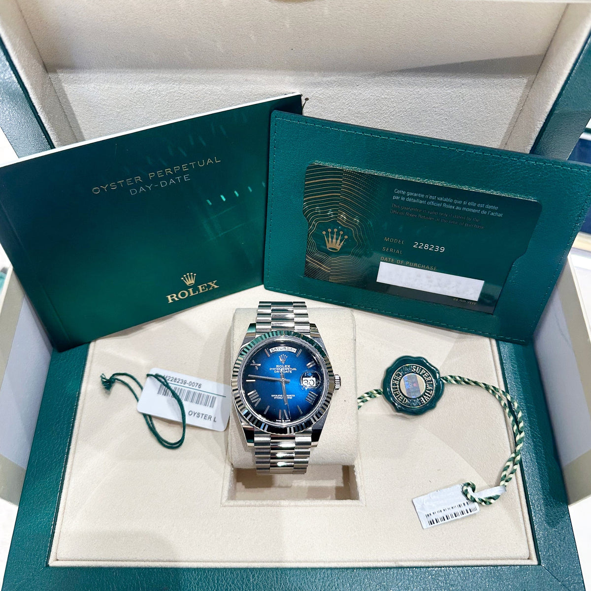 Rolex Day-Date 40 228239 White Gold Blue Ombre Roman Numeral Dial (2025)