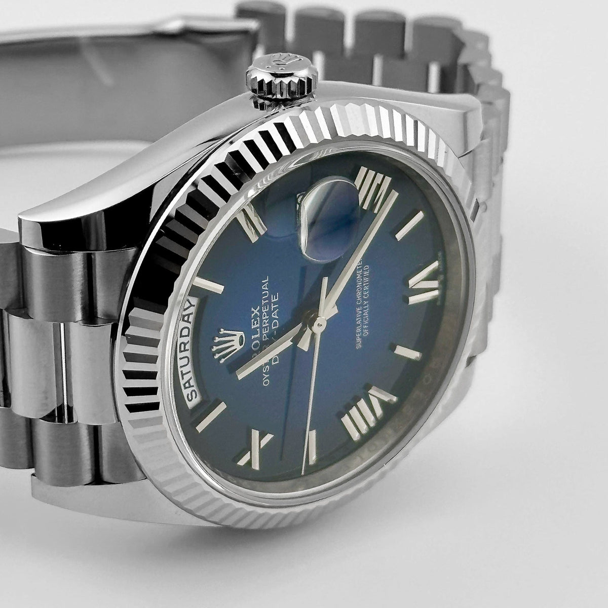 Rolex Day-Date 40 228239 White Gold Blue Ombre Roman Numeral Dial (2025)