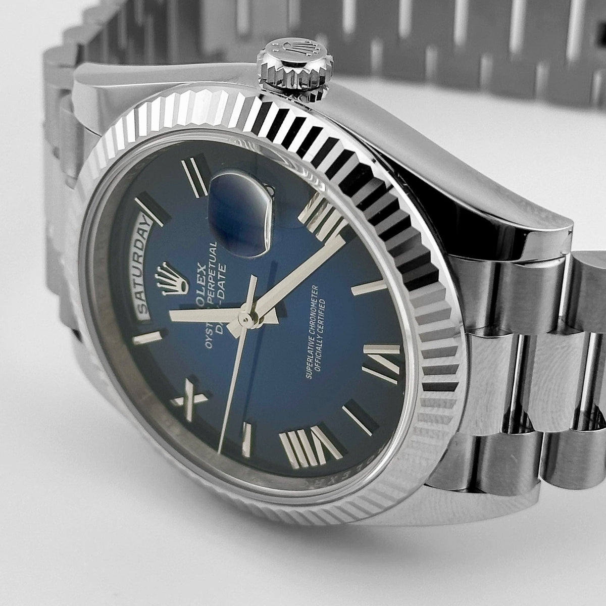 Rolex Day-Date 40 228239 White Gold Blue Ombre Roman Numeral Dial (2025)