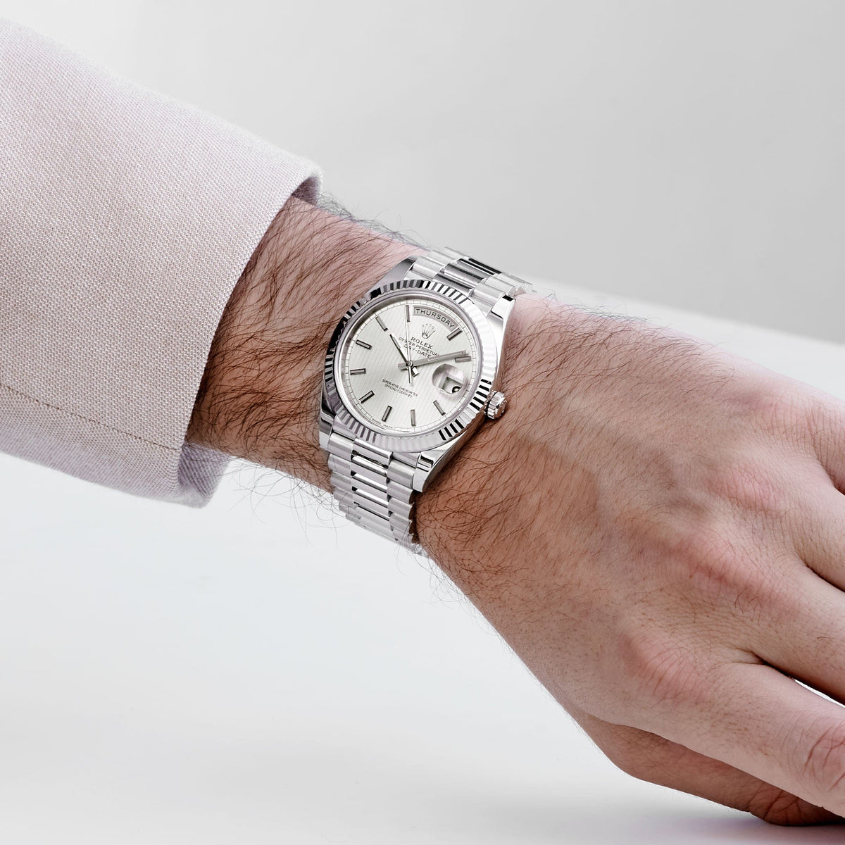 Rolex-Day Date 40 228239 White Gold Silver Stripe Motif Dial (2018)