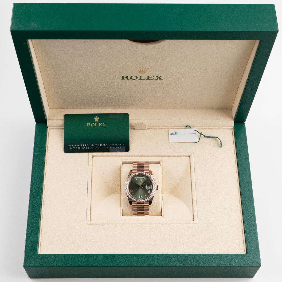 Rolex Day-Date 40 228345RBR Rose Gold Olive Green Roman Numerals Dial Diamond Bezel (2021)