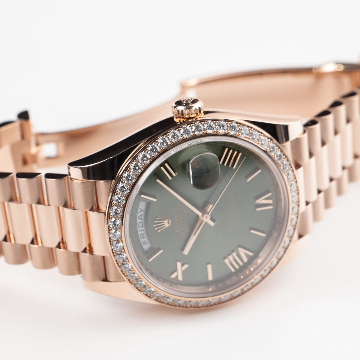 Rolex Day-Date 40 228345RBR Rose Gold Olive Green Roman Numerals Dial Diamond Bezel (2021)