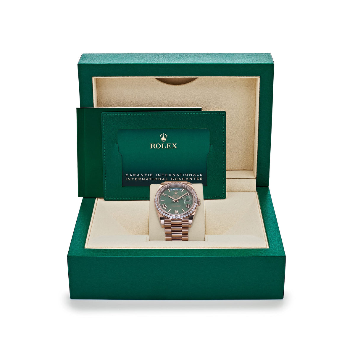 Rolex Day-Date 40 228345RBR Rose Gold Olive Green Roman Numerals Dial Diamond Bezel (2021)