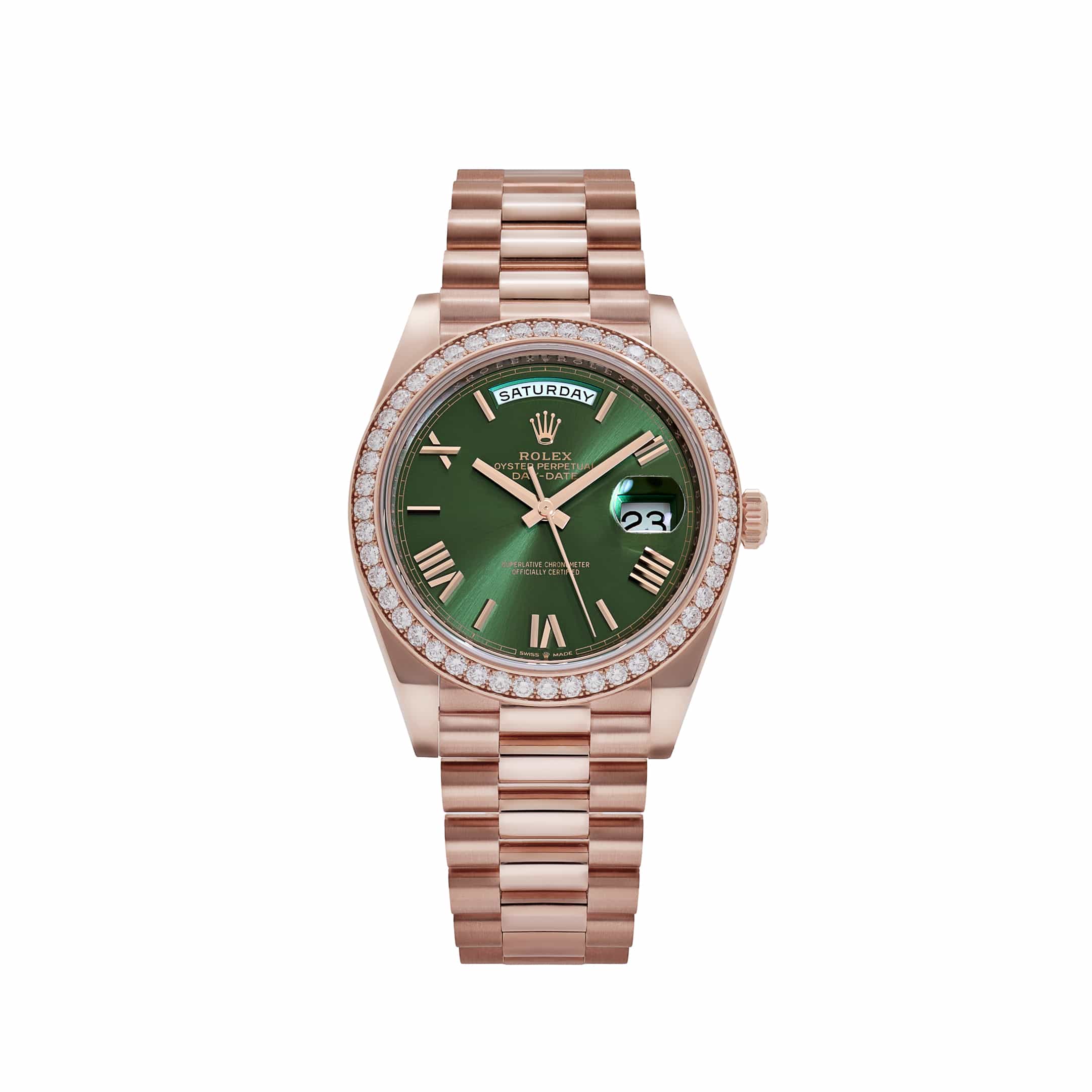 Rolex Day-Date 40 228345RBR Rose Gold Olive Green Roman Numerals Dial Diamond Bezel (2021)