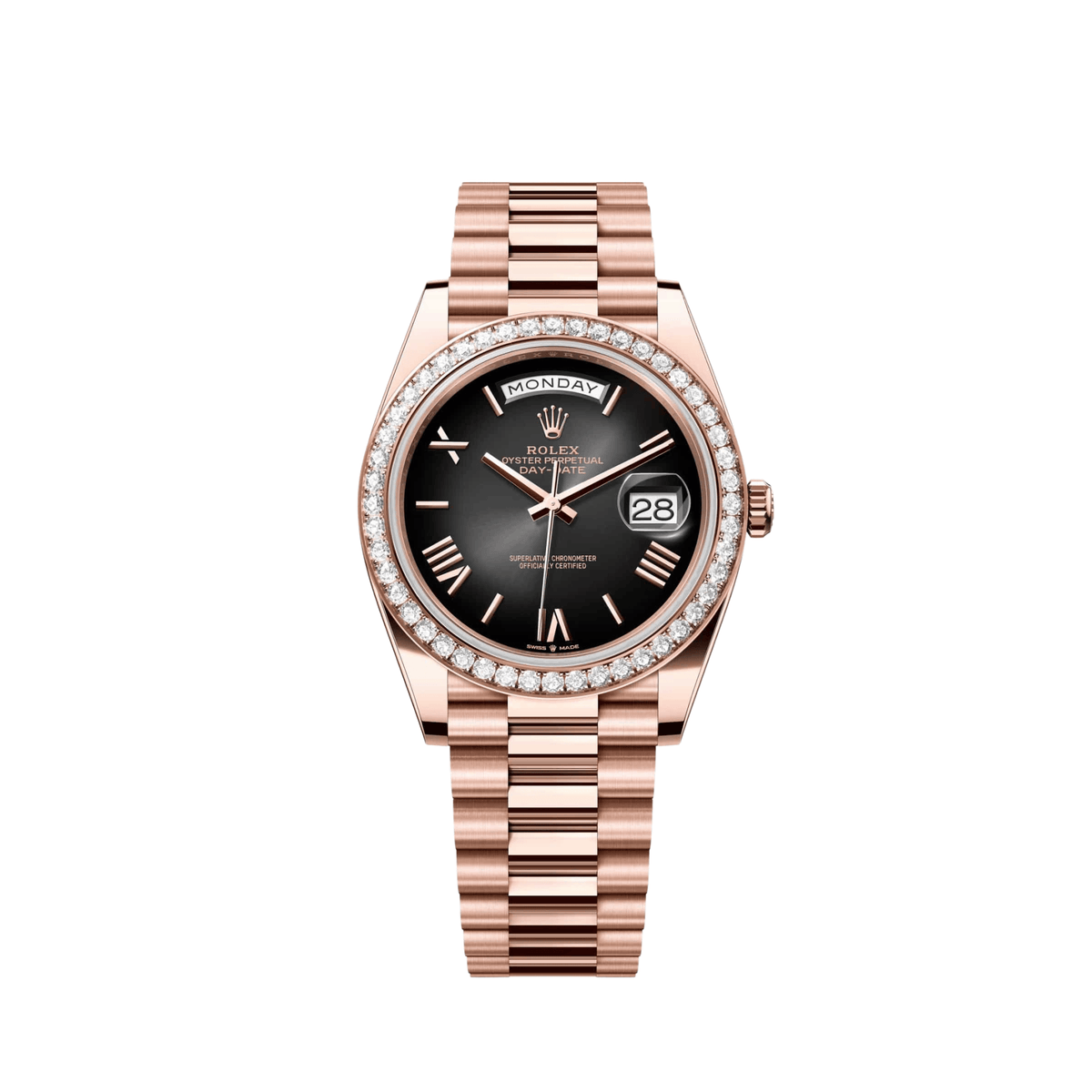 Rolex Day-Date 40 228345RBR Rose Gold Slate Ombre Roman Numerals Dial Diamond Bezel