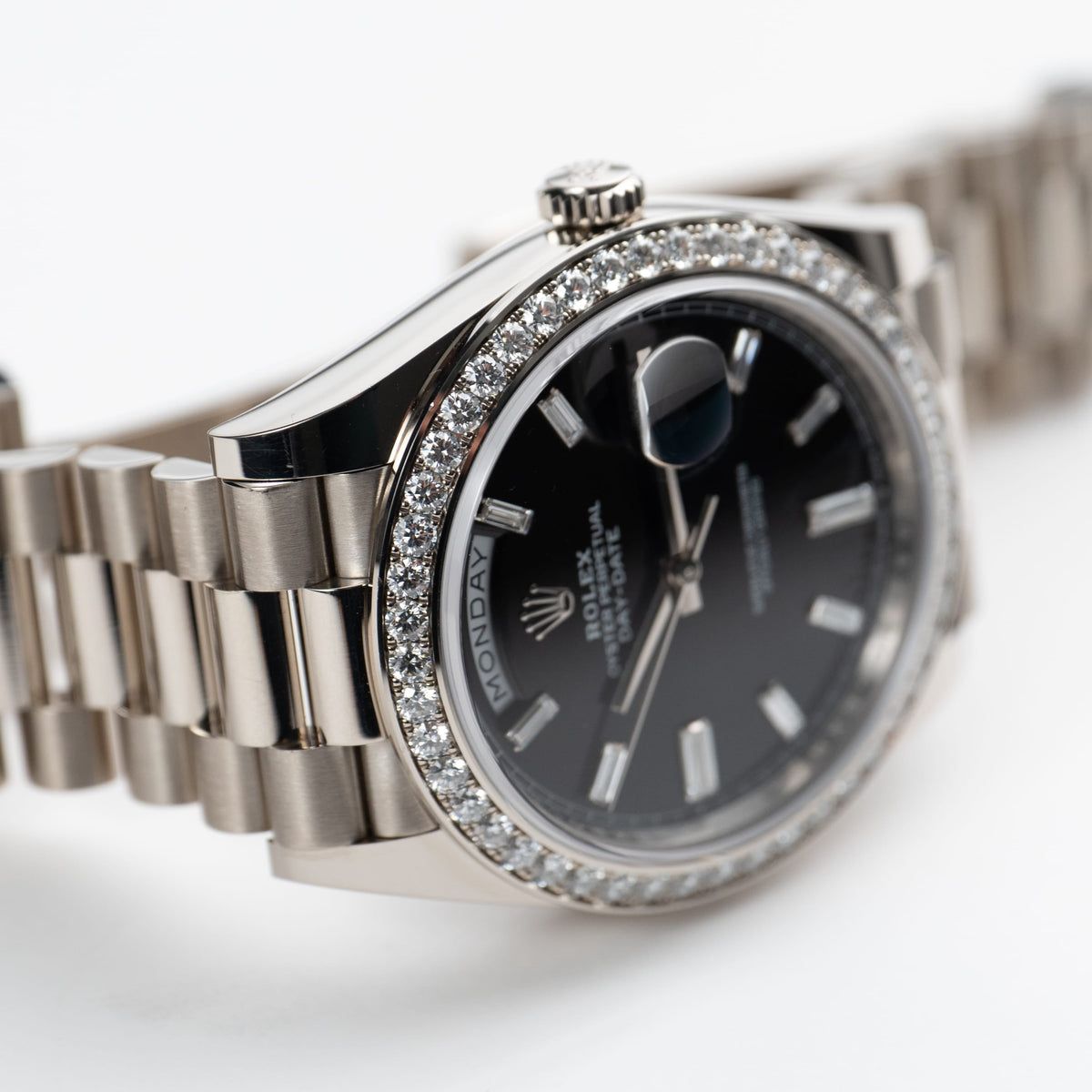 Rolex Day-Date 40 228349RBR White Gold Black Diamond Baguette Dial Diamond Bezel (2022)
