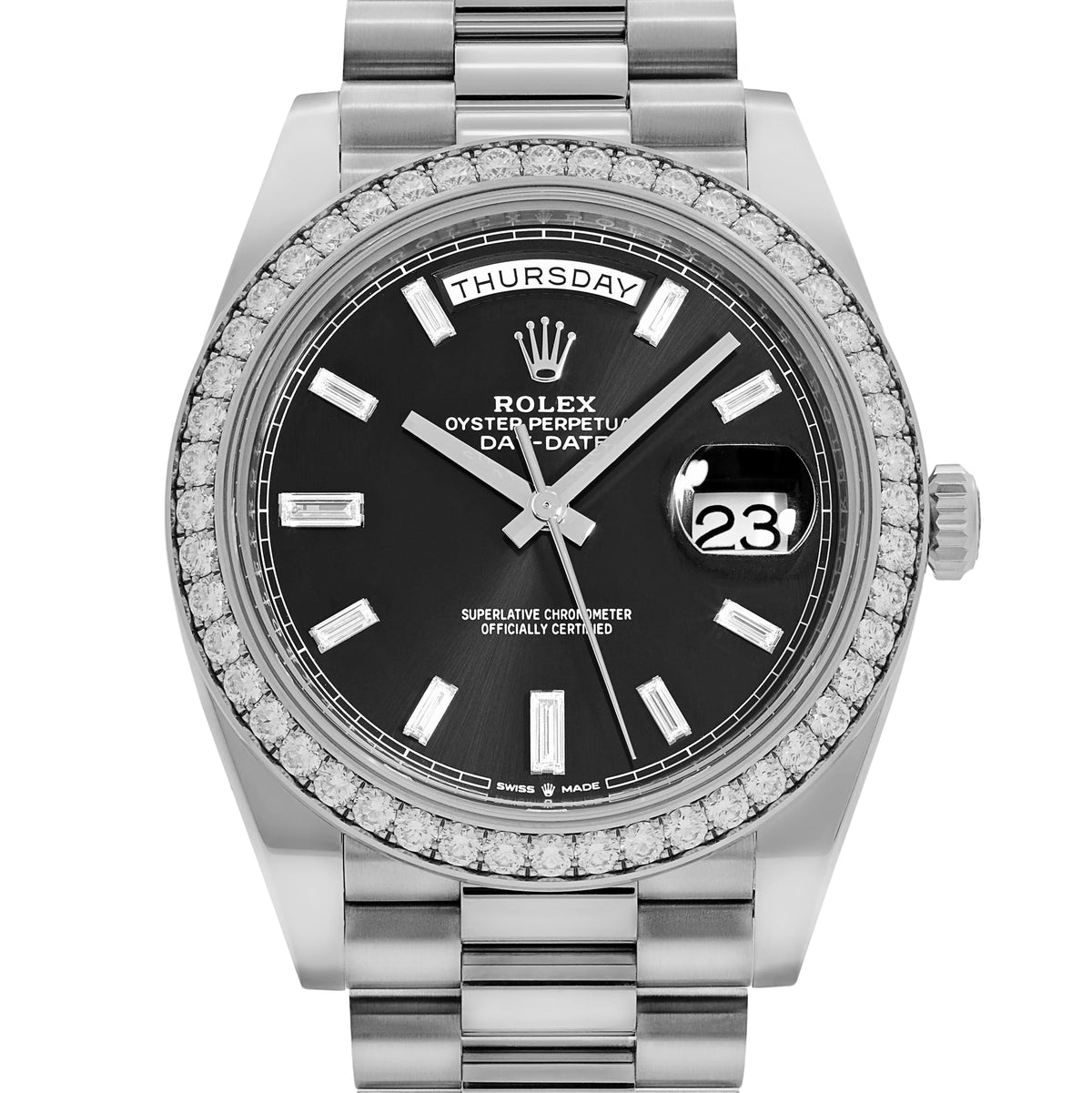 Rolex Day-Date 40 228349RBR White Gold Black Diamond Baguette Dial Diamond Bezel (2021)