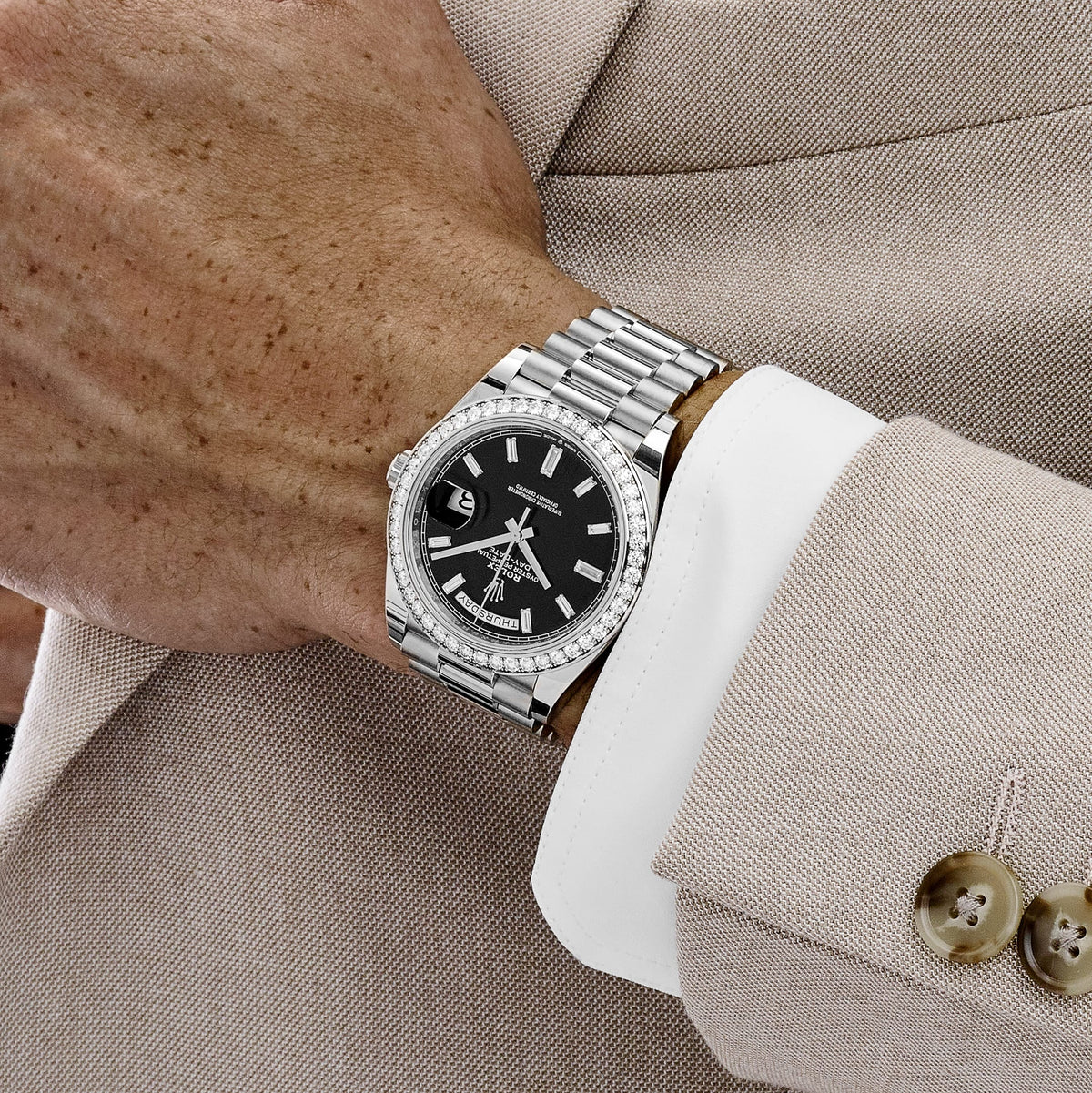 Rolex Day-Date 40 228349RBR White Gold Black Diamond Baguette Dial Diamond Bezel (2021)