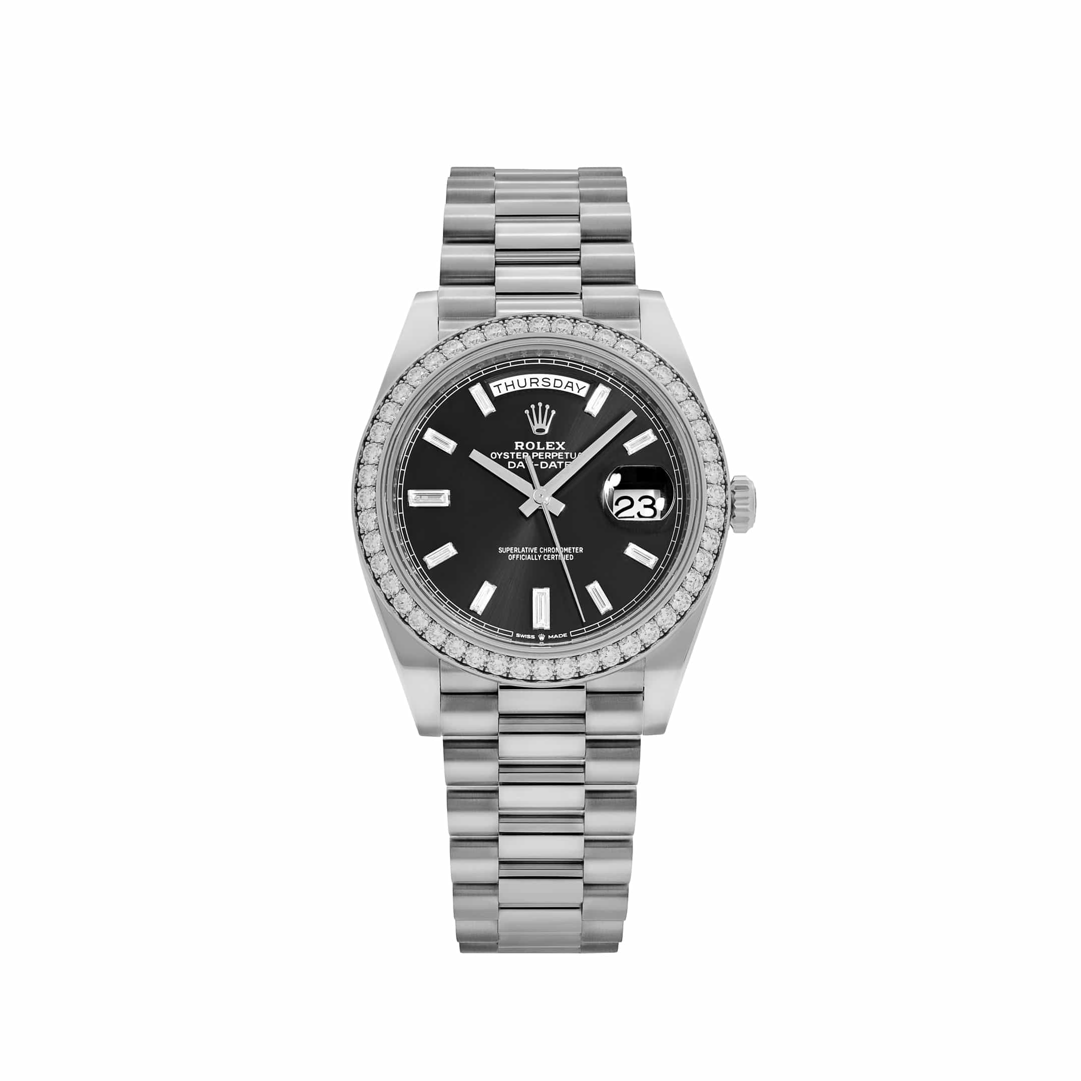 Rolex Day-Date 40 228349RBR White Gold Black Diamond Baguette Dial Diamond Bezel (2021)