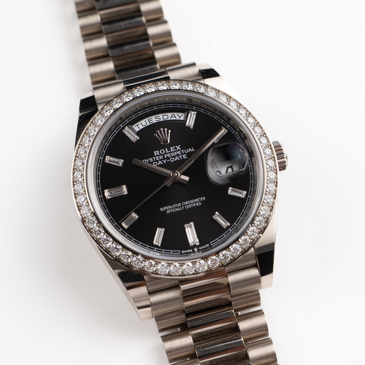 Rolex Day-Date 40 228349RBR White Gold Black Diamond Baguette Dial Diamond Bezel (2021)
